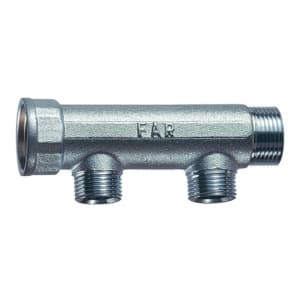 Коллектор 3/4", ВР-НР, 2 отвода 1/2", НР, межосевое 50 мм, плоское уплотнение FAR