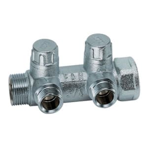 Коллектор запорно-балансировочный 3/4" на 2 отвода 1/2"EU c вставкой под уплотнение FAR