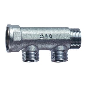 Коллектор 3/4", ВР-НР, 2 отвода 1/2", НР, плоское уплотнение, хромированный FAR